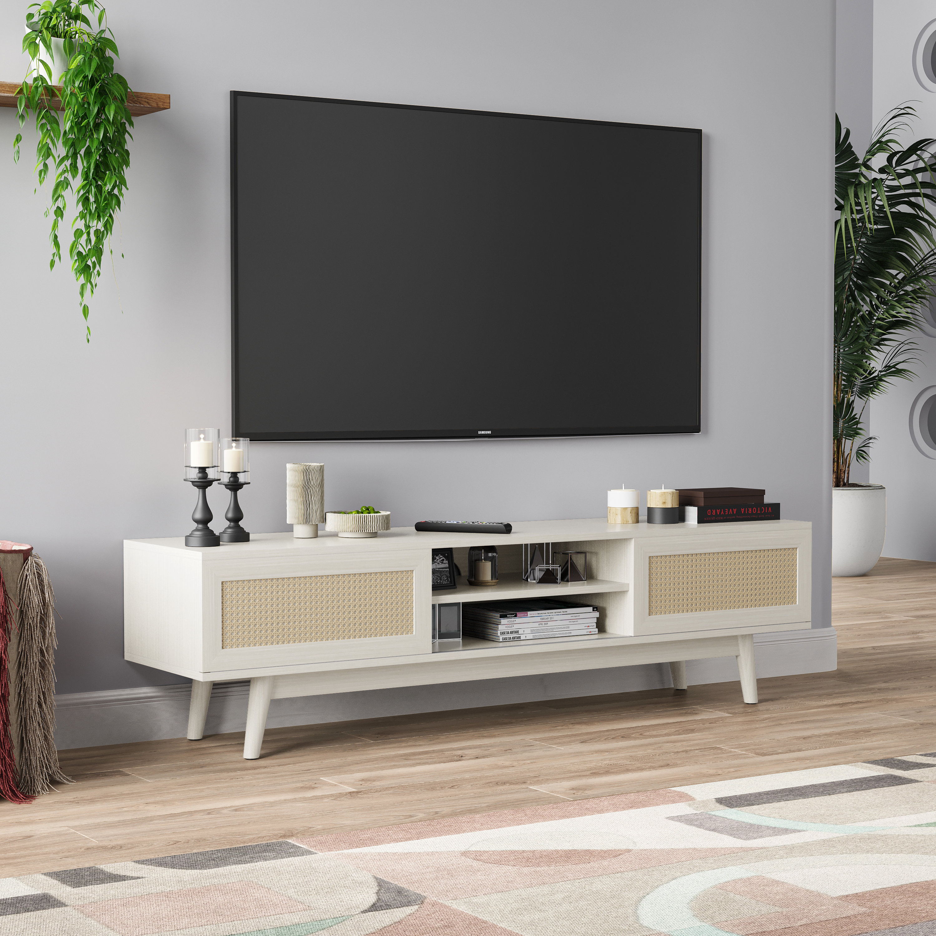 Bay Isle Home™ 65" Mid Century Modern Tv Stand With Sliding Doors